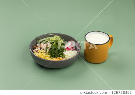 Portion of cold summer russian soup okroshka 126728392