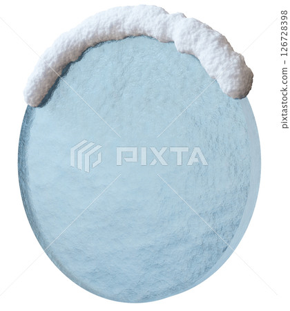 This circular banner features a smooth ice surface topped with a layer of snow, perfect for seasonal advertising or promotional text. Isolated on a white background, it emphasizes winter themes 126728398
