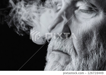 An elderly man's face gradually dissolves into ethereal smoke, showcasing a dreamy aesthetic with high-contrast lighting and a luxurious artistic touch. Ample space invites text 126728449