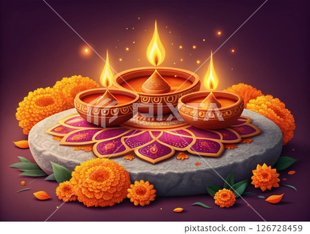 Diwali festive still life with clay oil diyas, marigold flowers and rangoli on textured stone base 126728459