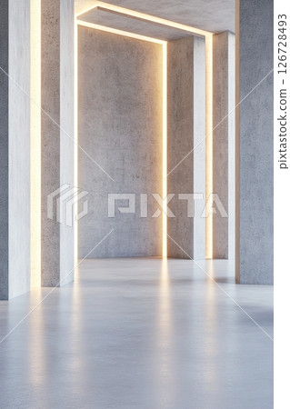 Experience a spacious abstract concrete environment characterized by sleek geometric panel walls illuminated with a soft ambient glow, ideal for creative presentations or displays 126728493