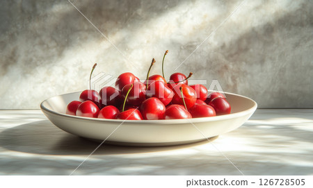 Fresh ripe cherries on white plate in soft natural sunlight Fresh ripe cherries on white plate in soft natural sunlight 126728505