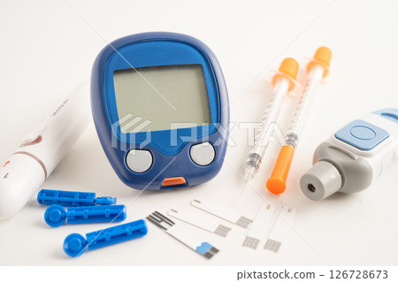 Digital glucometer blood sugar measurement for diabetes. Digital glucometer blood sugar measurement for diabetes. 126728673