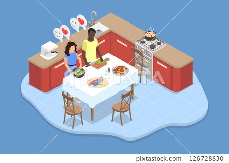 3D Isometric Flat Vector Illustration of Having Fun Cooking Together, Husband and Wife Preparing Food 126728830