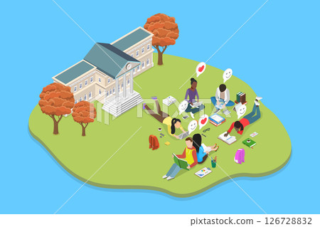 3D Isometric Flat Vector Illustration of Study at University Campus, College Park 126728832