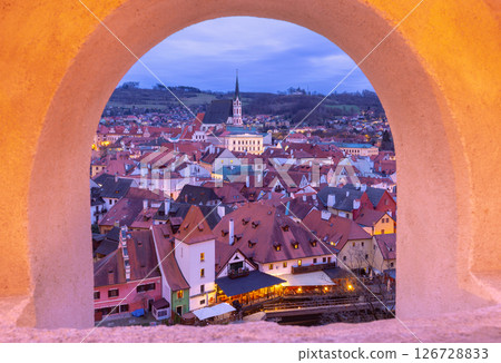 Panoramic view of Cesky Krumlov old town, Czech Republic 126728833