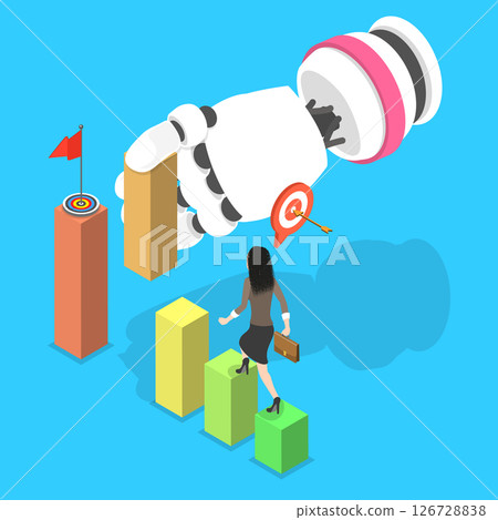 3D Isometric Flat Vector Illustration of AI Assistant, Robot Hand Assisting Businessman Career Growth By Stacking Blocks As A Stairway 3D Isometric Flat Vector Illustration of AI Assistant, Robot Hand Assisting Businessman Career Growth By Stacking Blocks As A Stairway 126728838