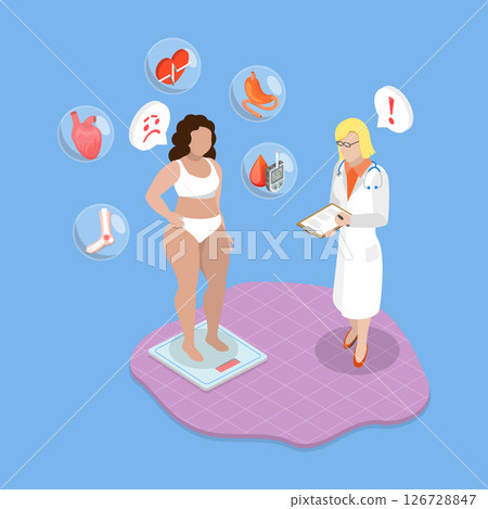 3D Isometric Flat Vector Illustration of Health Care, Obese Patient Attending Physician Appointment 126728847