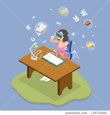 3D Isometric Flat Vector Illustration of Learning With Virtual Reality, Students Astonished by VR Headset Experience 126728862