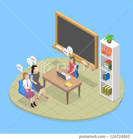 3D Isometric Flat Vector Illustration of School Principal Talking to Father and Mother, Teacher and Parent Meeting 126728865