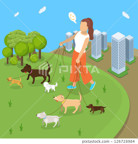 3D Isometric Flat Vector Illustration of Walks With Pets , Woman Strolls With Animals At Park 126728984