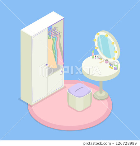 3D Isometric Flat Vector Illustration of Home Organization, Modern Interior Design of Wardrobe And Dressing Table 3D Isometric Flat Vector Illustration of Home Organization, Modern Interior Design of Wardrobe And Dressing Table 126728989