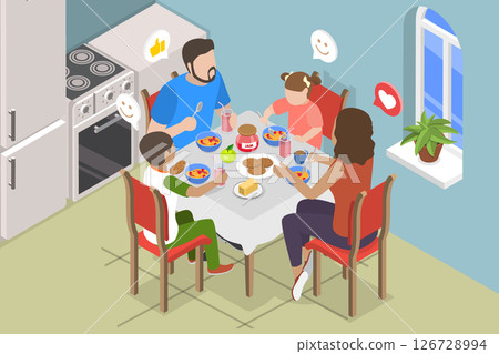 3D Isometric Flat Vector Illustration of Breakfast Together, Joyful Family Sharing Mealtime the Comfort Of Their Home 126728994