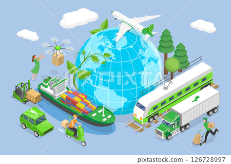 3D Isometric Flat Vector Illustration of Green Logistics, Eco-Friendly Logistics And Sustainable Delivery Concept 126728997