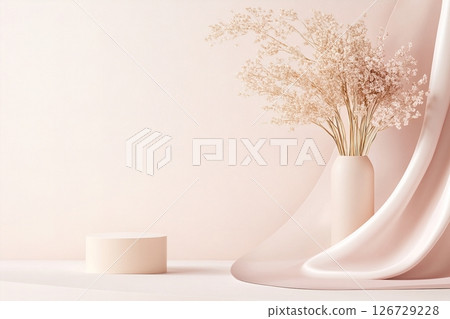 A graceful arrangement features soft acrylic shapes in blush pink and rose gold, enhanced by delicate dried flowers in a sleek vase, embodying refined luxury 126729228