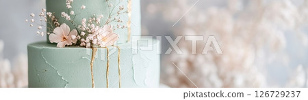 A beautifully crafted sage green cake features intricate pressed flowers and gold leaf details, capturing a serene and eco-friendly vibe perfect for any celebration or gathering A beautifully crafted sage green cake features intricate pressed flowers and gold leaf details, capturing a serene and eco-friendly vibe perfect for any celebration or gathering 126729237