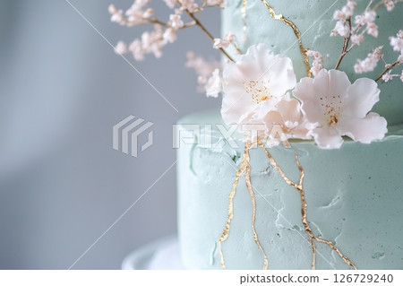 Soft sage green cake features exquisite pressed edible flowers and gold leaf veins, creating an elegant centerpiece for an eco-friendly celebration. Perfect for weddings or special occasions Soft sage green cake features exquisite pressed edible flowers and gold leaf veins, creating an elegant centerpiece for an eco-friendly celebration. Perfect for weddings or special occasions 126729240