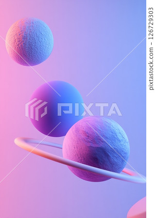 A captivating gradient flows from deep blue to vibrant neon purple, with softly glowing geometric shapes orbiting within it, showcasing innovation and creativity 126729303