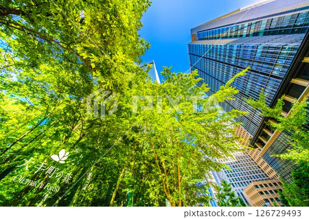 日本東京城市景觀，俯瞰大手町森林和其他地區。煥發新綠的商業區…邁向新時代…=28 126729493