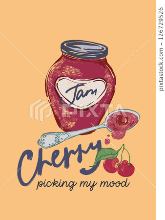 Vector fruit poster with jar of cherry jam. Hand-drawn garden harvest sketch. Tasty food illustration for restaurant and cafe interior, fruit market drawing print, fabric or background. 126729526