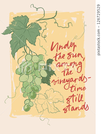 Vector fruit poster of juicy grape and green leaves. Hand-drawn garden harvest sketch. Tasty food illustration for restaurant and cafe interior, fruit market drawing print, fabric or background. 126729529