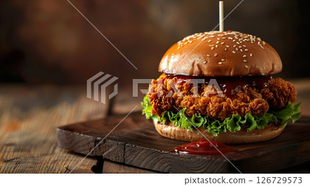 A close-up of a delicious fried chicken burger on a wooden board. The burger features a sesame seed bun, crispy chicken, lettuce, and ketchup. A close-up of a delicious fried chicken burger on a wooden board. The burger features a sesame seed bun, crispy chicken, lettuce, and ketchup. 126729573