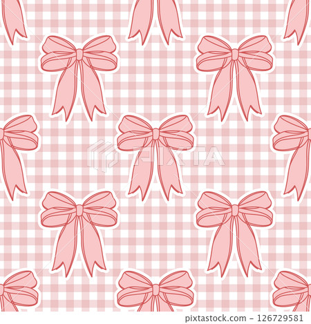 Seamless pattern, hand drawn elegant pink bows on gingham checkered fabric. Flirty background, wallpaper. 126729581