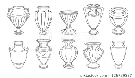 Set of hand drawn antique vases and amphoras. Ceramic vase icons set. Sketch outline illustration. 126729587