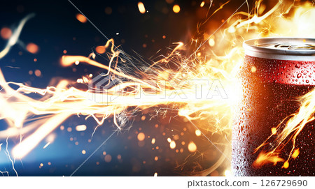 Explosive energy: fiery burst of cold soda can 126729690