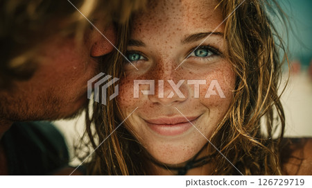 A candid photo capturing a cute teenage boy kissing a teenage girl on the cheek while sitting together on a bench. Generative AI 126729719
