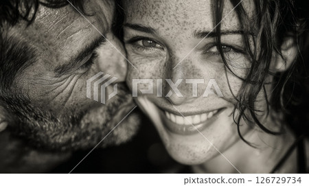 A touching stock photo featuring a man kissing a woman, portraying a moment of genuine love and emotional connection. Generative AI 126729734