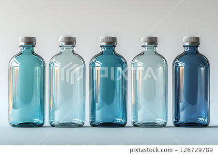 Minimalist set of eco-friendly glass bottles. Mockup for branding cleaning products. Minimalist set of eco-friendly glass bottles. Mockup for branding cleaning products. 126729789