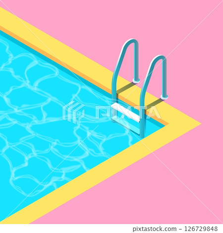 Isometric summer swimming pool with metal ladder vibrant turquoise water yellow edge and pink deck in minimal retro style 3d illustration of outdoor leisure scene with clean design and bright colors 126729848