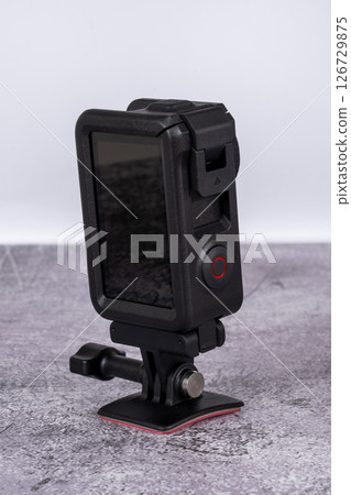 black action camera front view placed on the table black action camera front view placed on the table 126729875