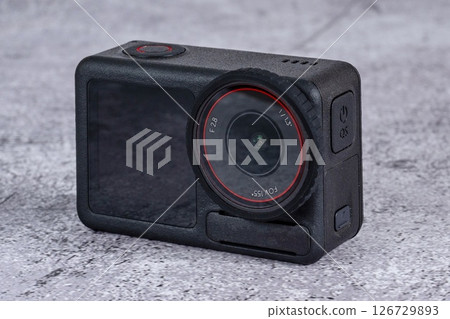 black action camera front view placed on the table black action camera front view placed on the table 126729893