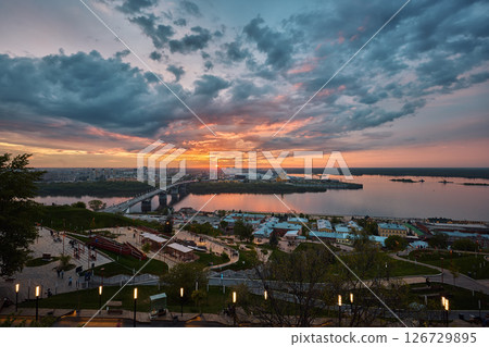 Sunset Over Strelka: Kanavinsky Bridge and Alexander Nevsky Cathedral Sunset Over Strelka: Kanavinsky Bridge and Alexander Nevsky Cathedral 126729895