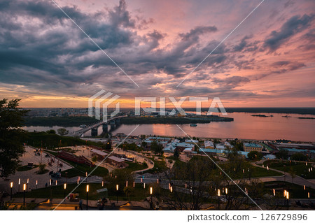 Sunset Over Strelka: Kanavinsky Bridge and Alexander Nevsky Cathedral 126729896