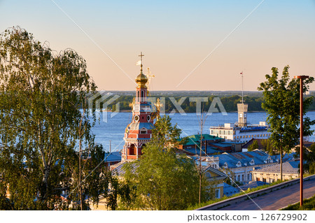 Stroganov Church and Volga River in Nizhny Novgorod Stroganov Church and Volga River in Nizhny Novgorod 126729902