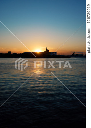 Sunset Silhouette of Alexander Nevsky Cathedral in Nizhny Novgorod 126729919