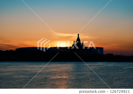 Sunset Silhouette of Alexander Nevsky Cathedral in Nizhny Novgorod 126729921