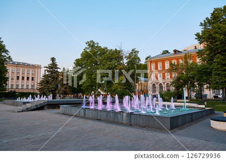 Evening Fountain Glow at Markin Square 126729936