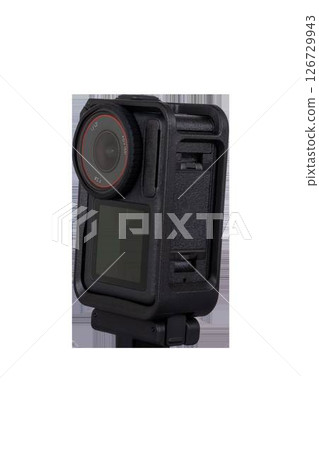 black action camera in protective case on transparent background 126729943