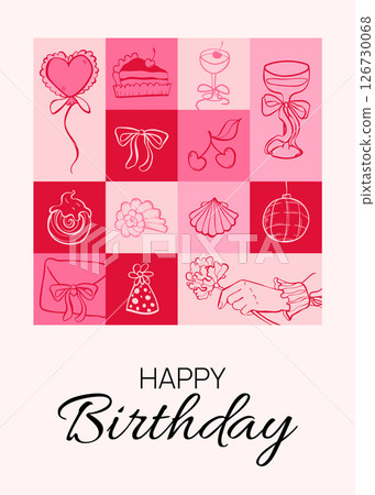 Happy Birthday greeting postcard with festive doodle icon. Cake, drink, and party sketch elements. Wedding, holiday, party decoration background. Coquette Aesthetic style. Elegant vector illustration. 126730068