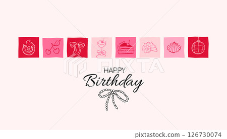 Birthday celebration banner with festive doodle icon. Cake, drinks, and party sketch elements. Wedding, holiday, party decoration background. Coquette Aesthetic style. Elegant vector illustration. 126730074