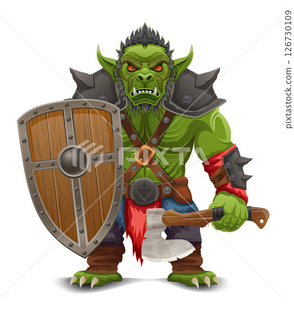 menacing and scary green goblin troll orc stands in a warlike pose vector illustration 126730109