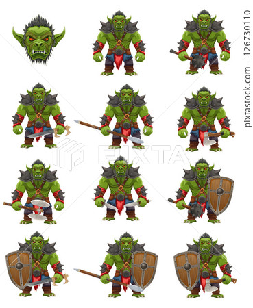 menacing and scary green goblin troll orc stands in a warlike pose vector illustration 126730110