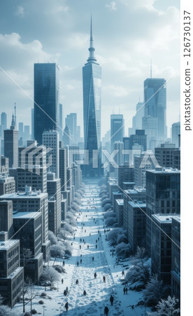 Snowy Urban Pathway Leading to Towering City Skyline 126730137