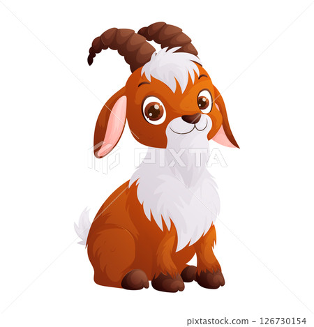Cute Cartoon Goat Illustration with Brown Fur and Twisted Horns, Isolated on White. 126730154