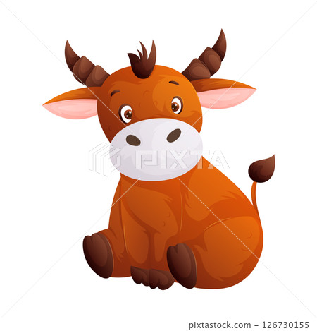 Cute Brown Baby Bull Cartoon Character with Big Eyes Sitting. Funny Ox Animal Cute Brown Baby Bull Cartoon Character with Big Eyes Sitting. Funny Ox Animal 126730155