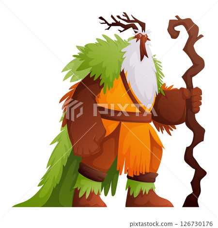 Forest Spirit with Staff and Antlers, A Cartoon Nature Guardian Illustration 126730176